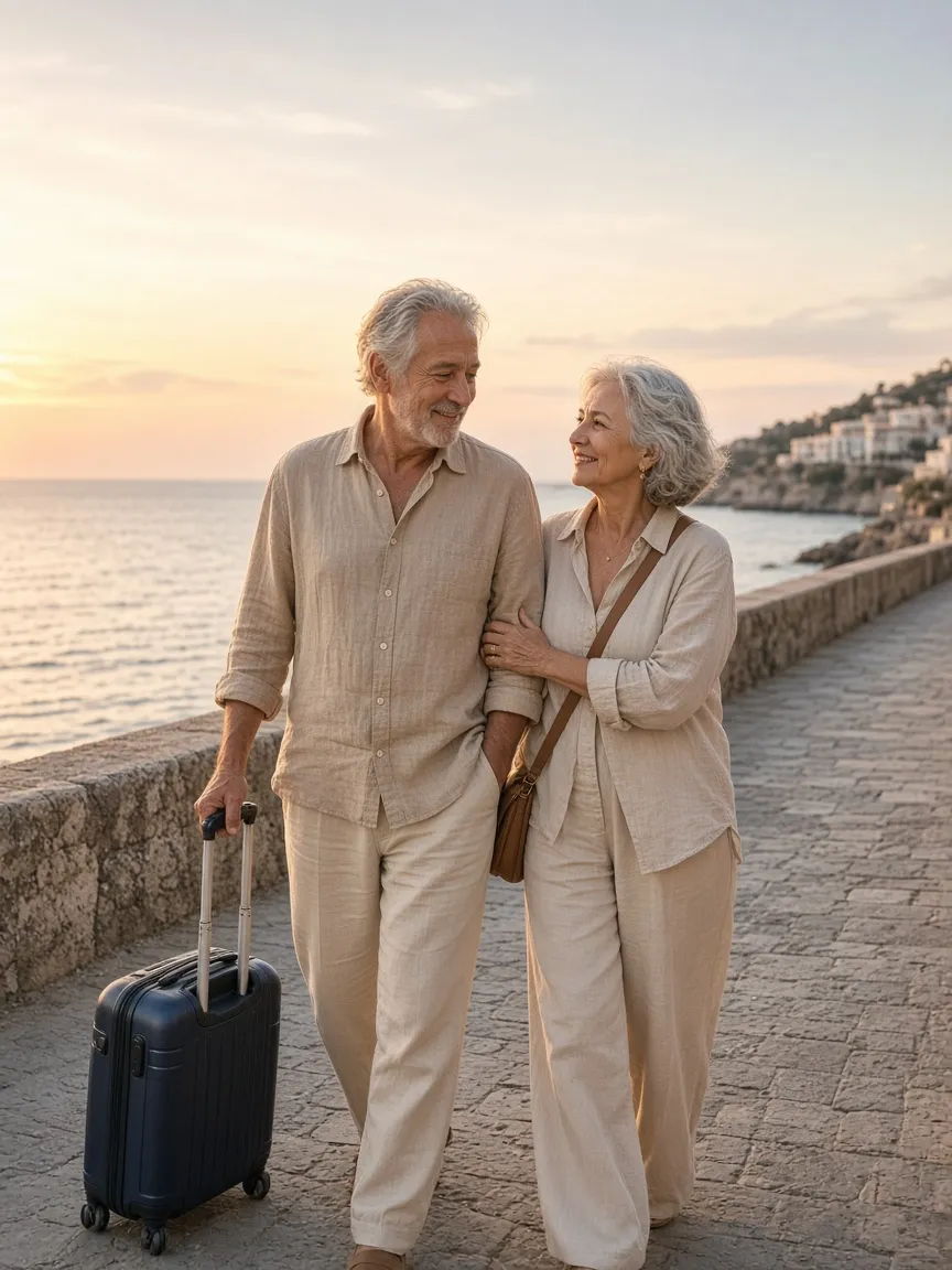 A retired couple walks a seaside promenade at sunset with a small rolling carry-on