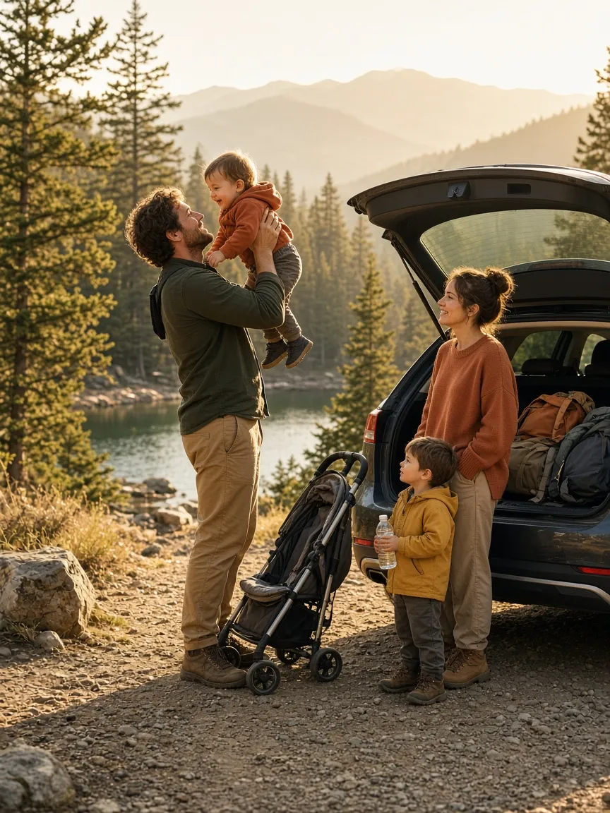 A young family at a mountain lake trailhead with an open car, a stroller, and packed bags