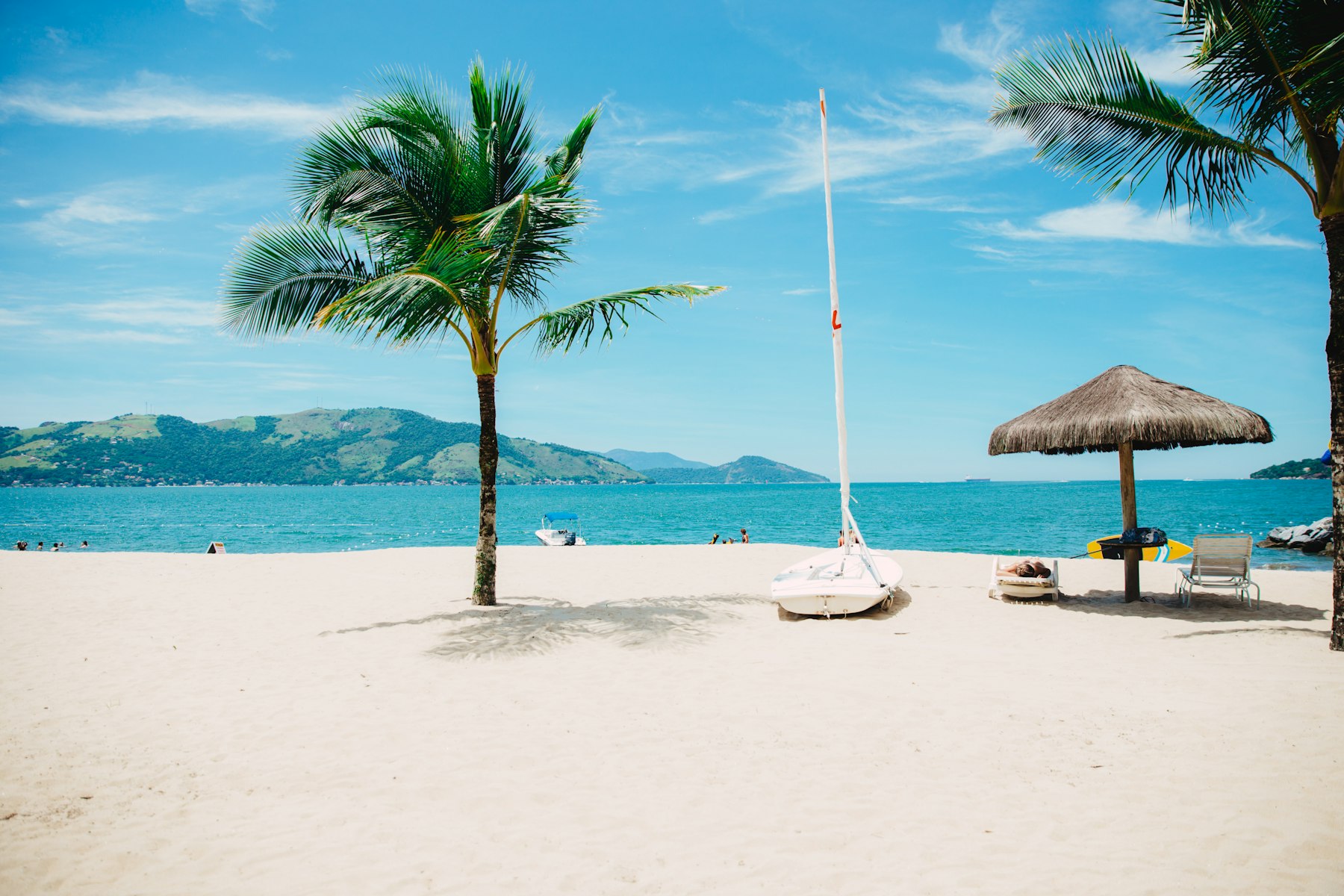 A palm-lined beach with umbrellas and clear shallow water